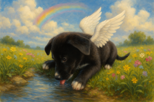 Puppy Gracie Drinking in a Meadow